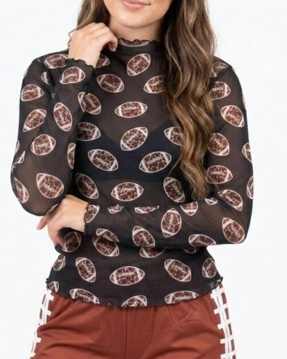 NEW MAIN STRIP leopard football long sleeve mesh top in black multi